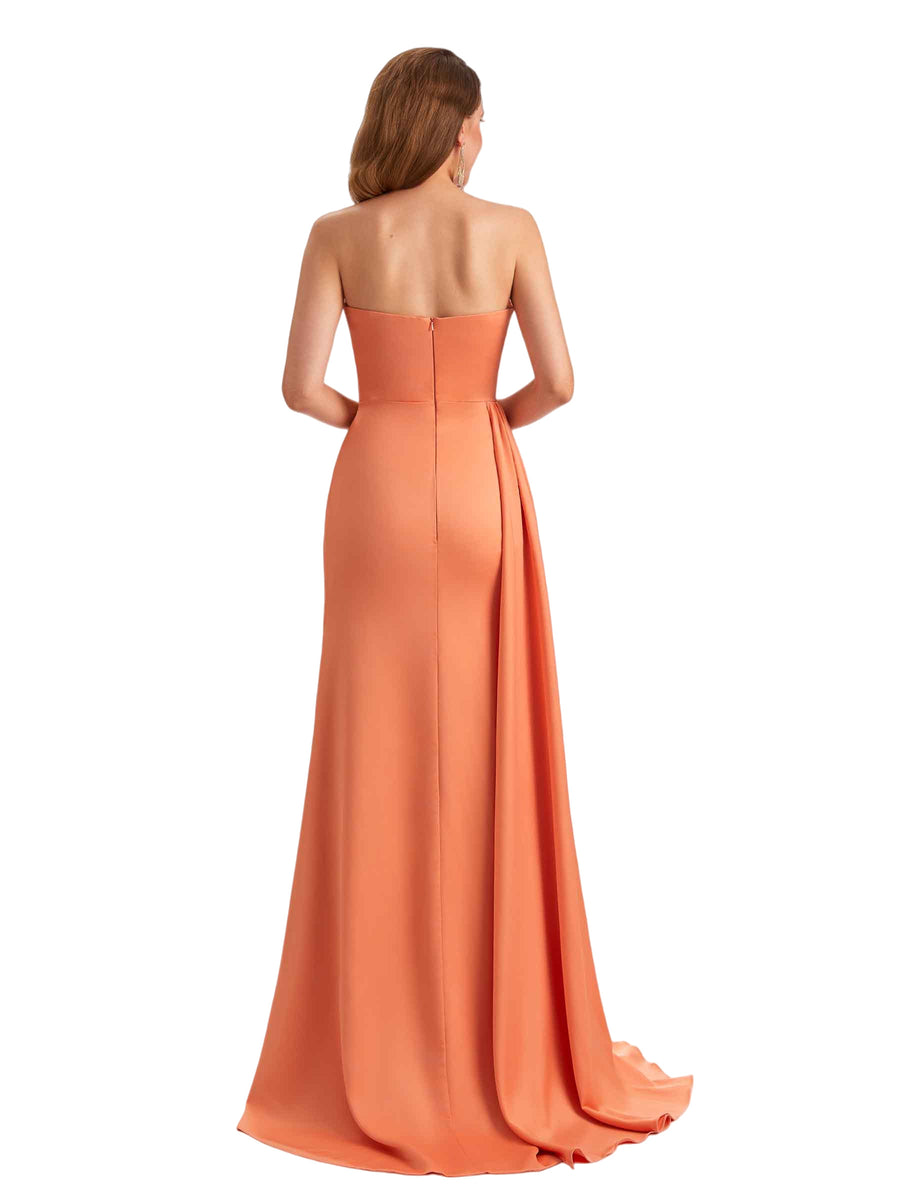 Sexy Strapless Mermaid Soft Satin Side Slit Pretty Long Bridesmaid Dresses Online