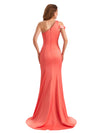 Morden Silky Satin One Shoulder Mermaid Side Slit Ruched Long Bridesmaid Dresses Online