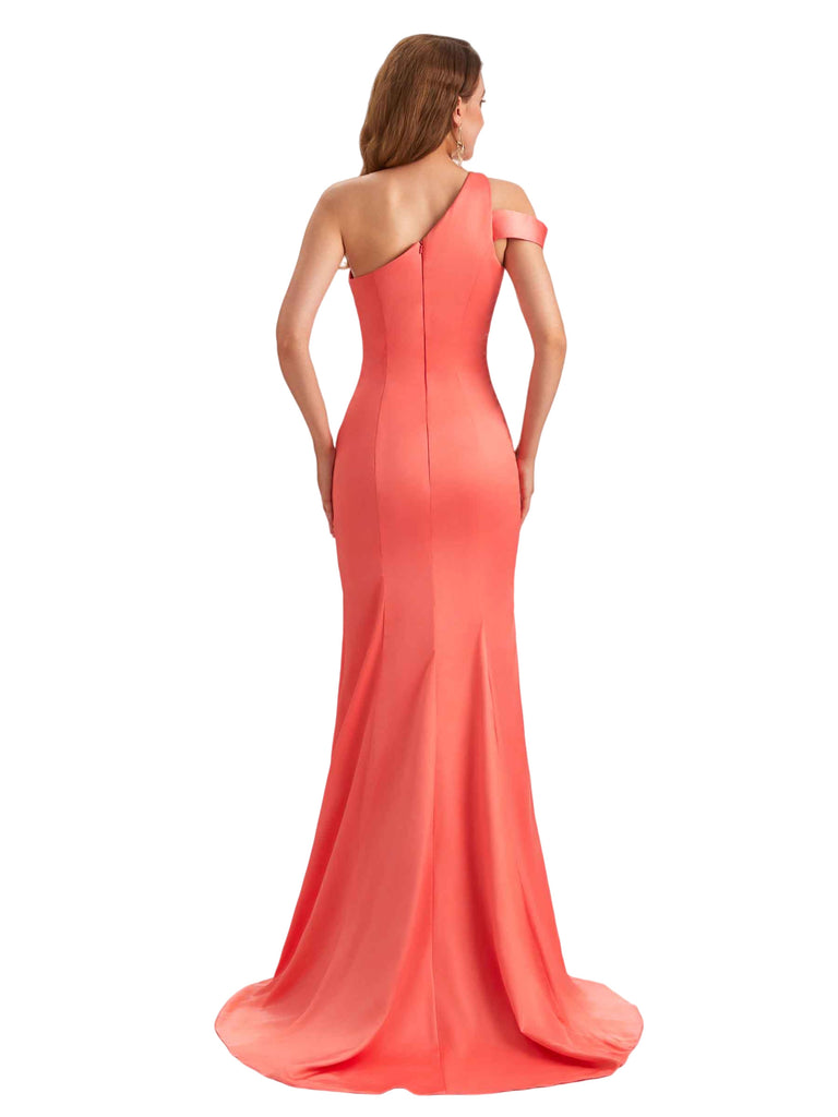 Morden Silky Satin One Shoulder Mermaid Side Slit Ruched Long Bridesmaid Dresses Online