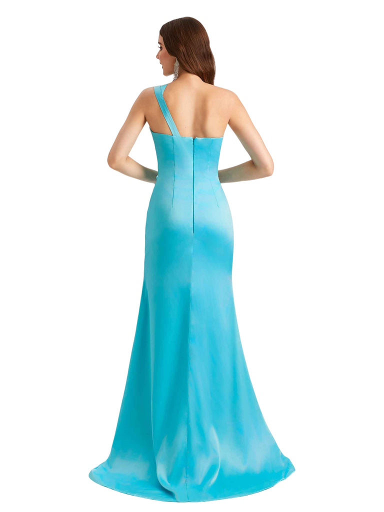 Elegant One Shoulder Silky Satin Unique Side Split Mermaid Long Bridesmaid Dresses