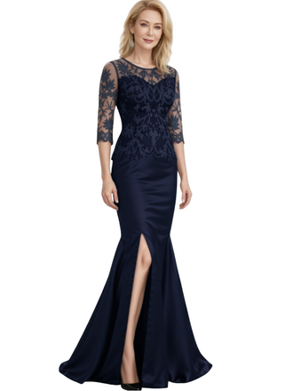 Elegant Half Sleeves Mermaid Lace Soft Satin Side Slit Floor-Length Mother of the Bride Dresses