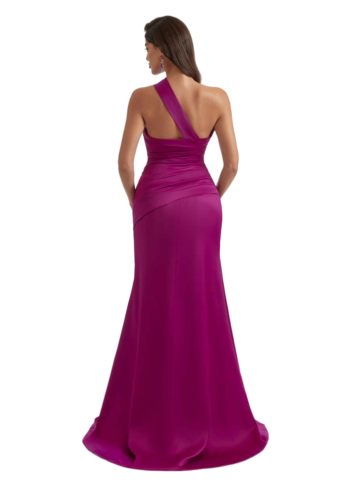 Gorgeous One Shoulder Mermaid Pleated Soft Satin Side Slit Long Bridesmaid Dresses