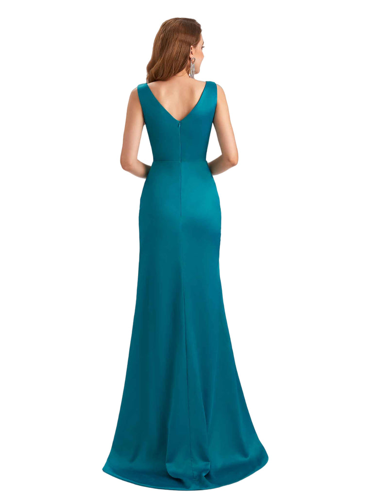 Sexy V-Neck Silky Satin Mermaid Side Slit Long Bridesmaid Dresses Online