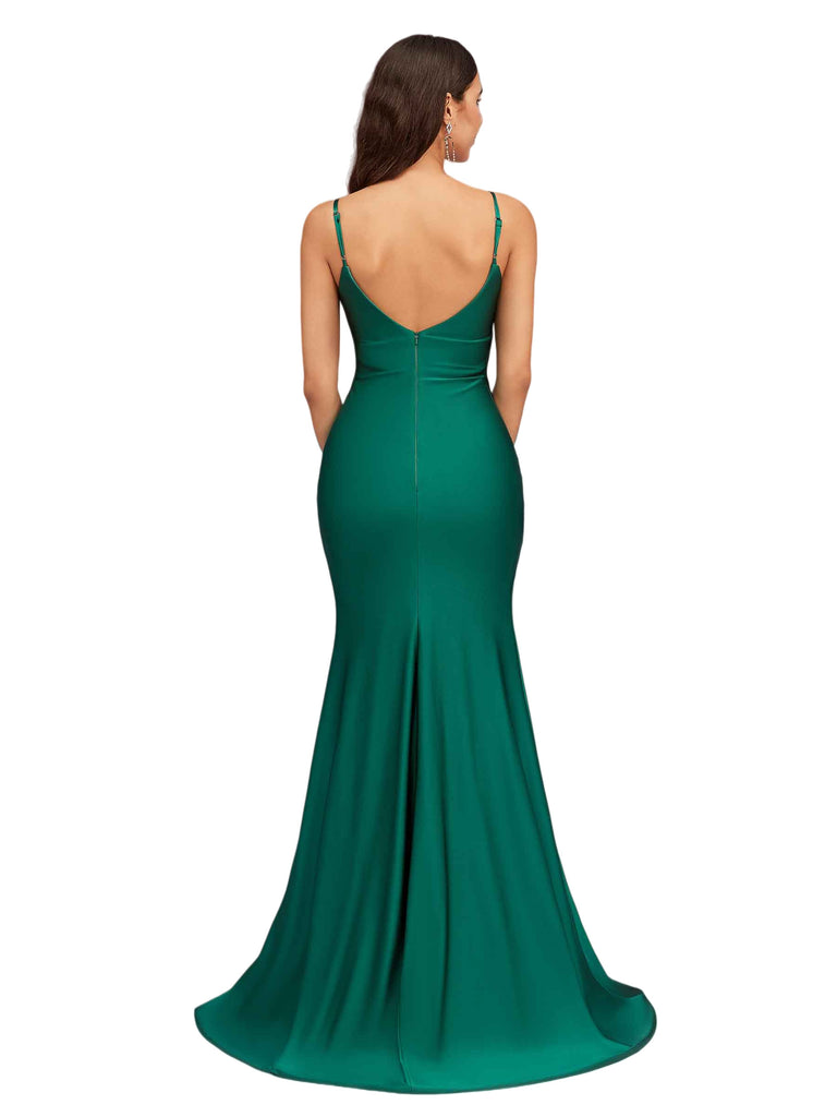 Sexy V-Neck Spaghetti Straps Slit Mermaid Soft Satin Long Bridesmaid Dresses Online