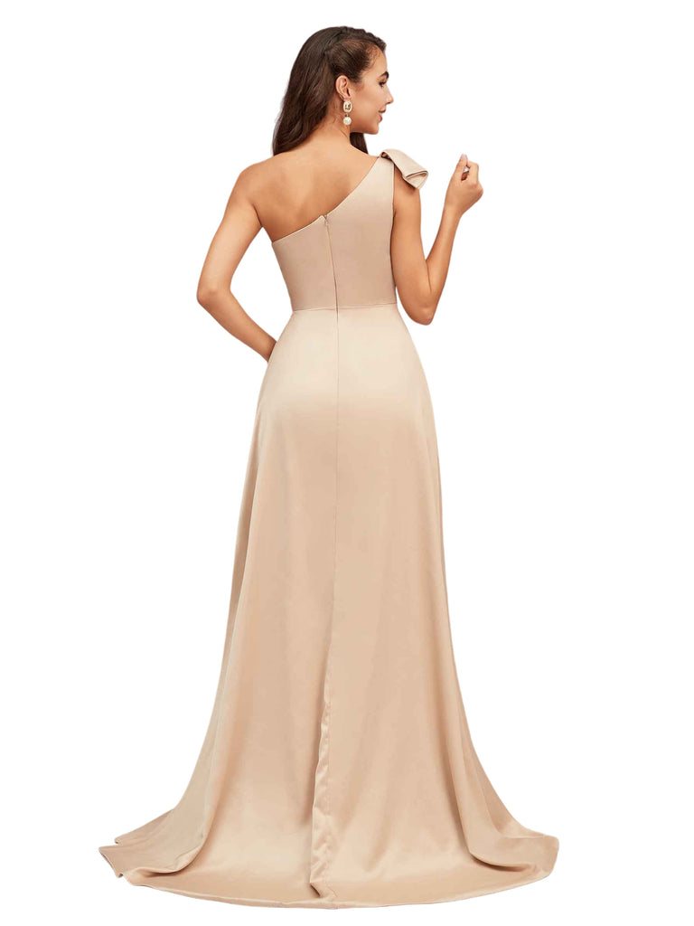 Elegant One Shoulder Asymmetric Soft Satin A-Line Long Bridesmaid Dresses