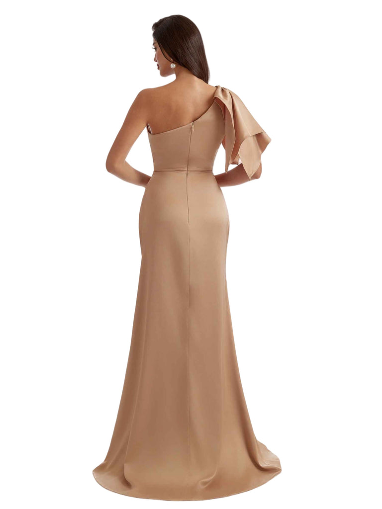 Gorgeous One Shoulder Mermaid Side Slit Silky Satin Long Bridesmaid Dress For Wedding