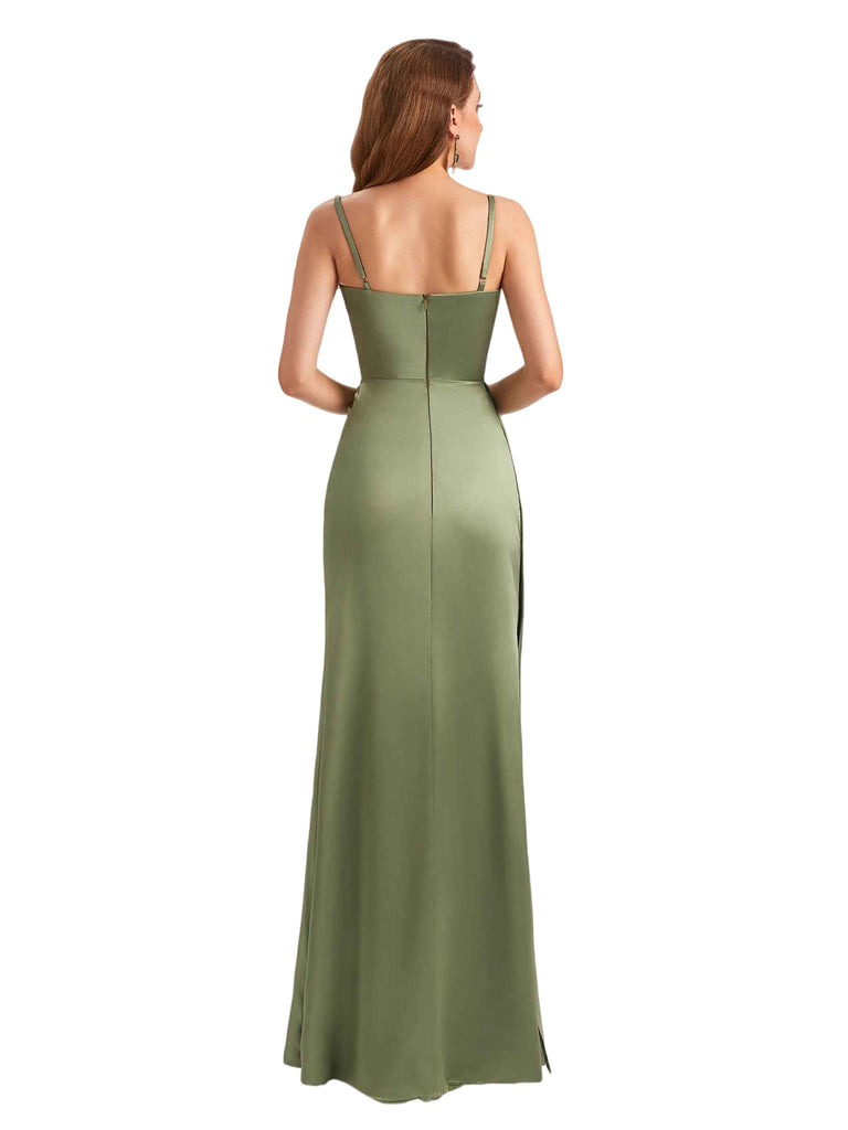 Sexy Silky Satin Spaghetti Straps V-Neck Mermaid Side Slit Unique Long Bridesmaid Dresses