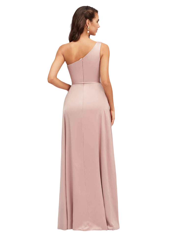Elegant One Shoulder Side Slit Soft Satin A-Line Long Bridesmaid Dresses Online