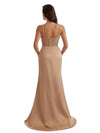 Elegant Long Mermaid Ruched Satin Modern Long Bridesmaid Dresses Spaghetti Straps Side Split