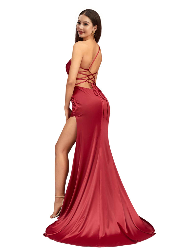 Elegant One Shoulder Mermaid Side Slit Soft Satin Long Wedding Bridesmaid Dresses
