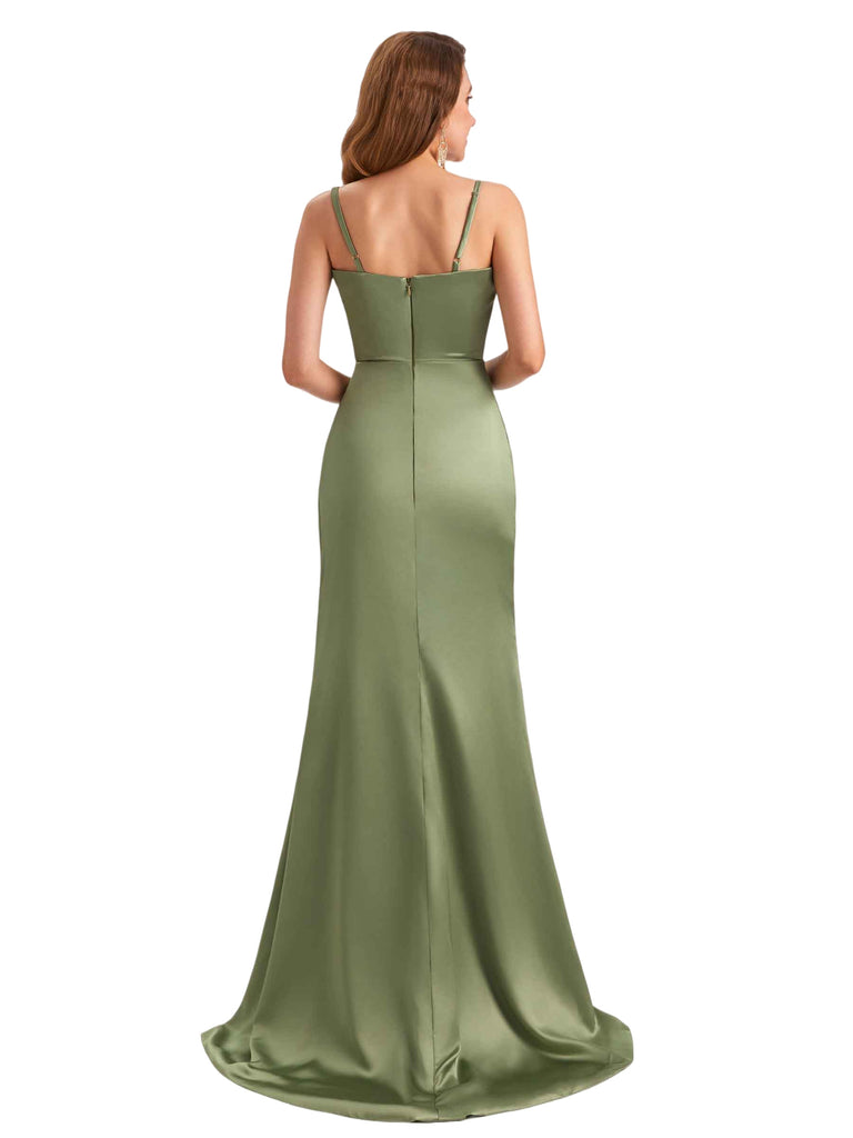 Sexy Soft Satin Mermaid Spaghetti Straps Side Slit Simple Long Bridesmaid Dresses Online