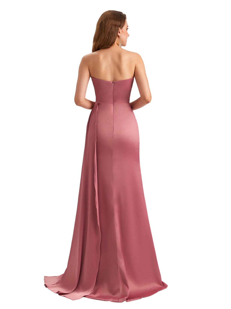 Elegant Silky Satin Sweetheart Boning Mermaid Side Slit Long Bridesmaid Dresses