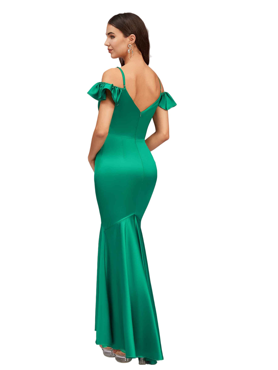 Sexy Mermaid Cold Shoulder Soft Satin Beauty Long Bridesmaid Dresses