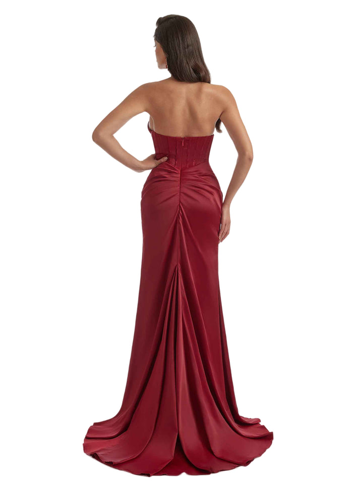 Elegant Halter Mermaid Ruched Satin Boho Chic Long Bridesmaid Dresses Slit