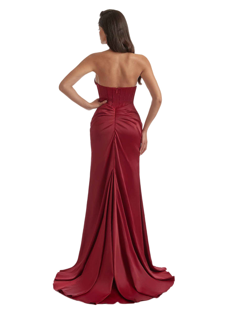 Elegant Halter Mermaid Ruched Satin Boho Chic Long Bridesmaid Dresses Slit
