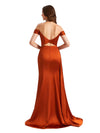 Unique Satin Off The Shoulder Side Split Boning Mermaid Pleated Long Bridesmaid Dresses