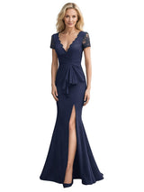 Elegant Short Sleeves V-Neck Side Slit Mermaid Crepe Long Mother of The Bride and Groom Dresses