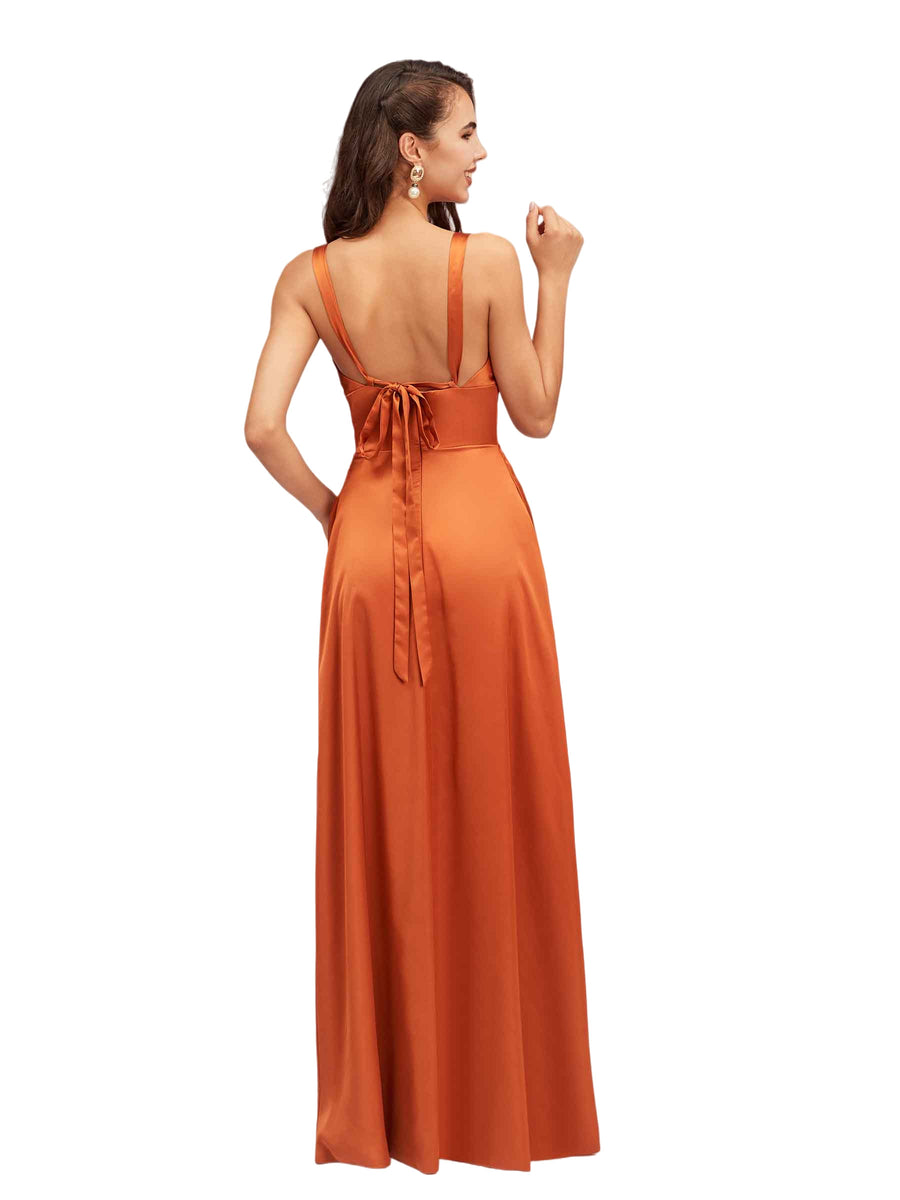 Sexy V-Neck Soft Satin A-Line Side Slit Long Bridesmaid Dresses Online