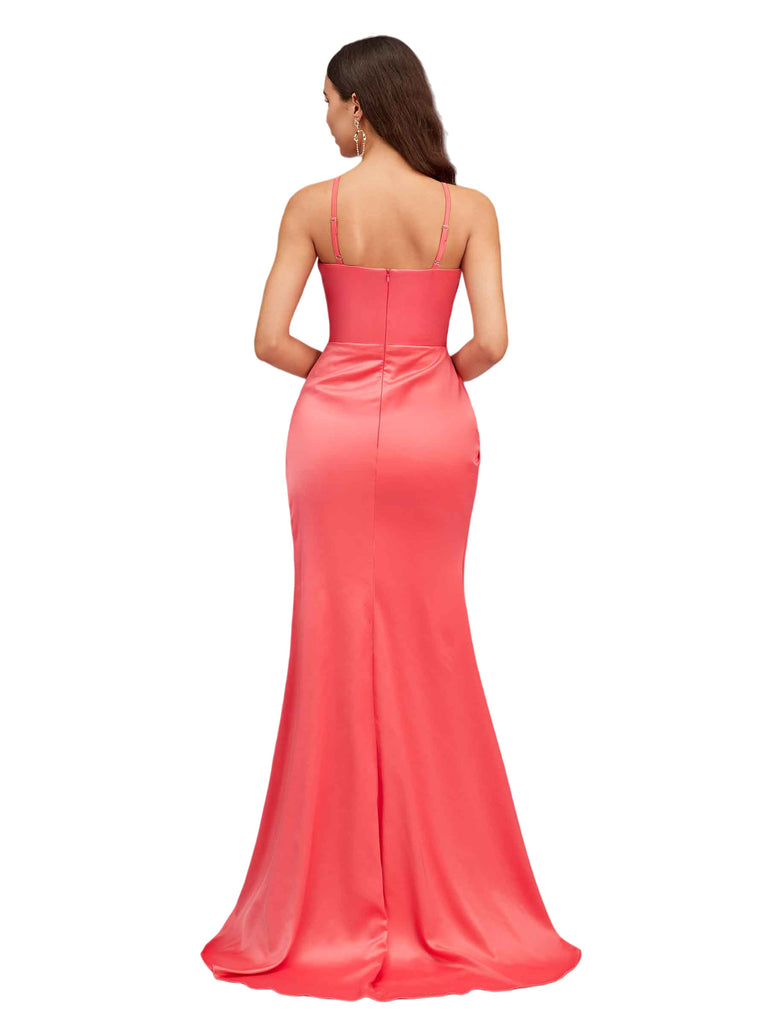 Elegant Spaghetti Straps Cowl Mermaid Side Slit Soft Satin Floor Length Bridesmaid Dresses