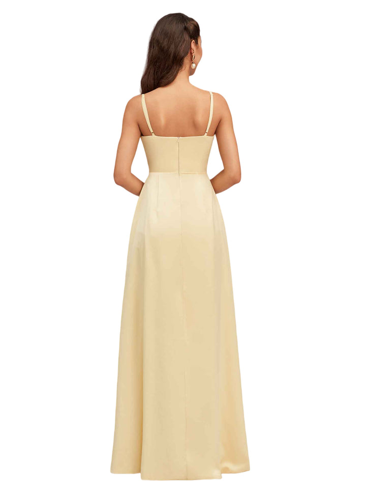 Elegant Spaghetti Straps Sleeveless Soft Satin A-Line Bridesmaid Dresses With Pocket