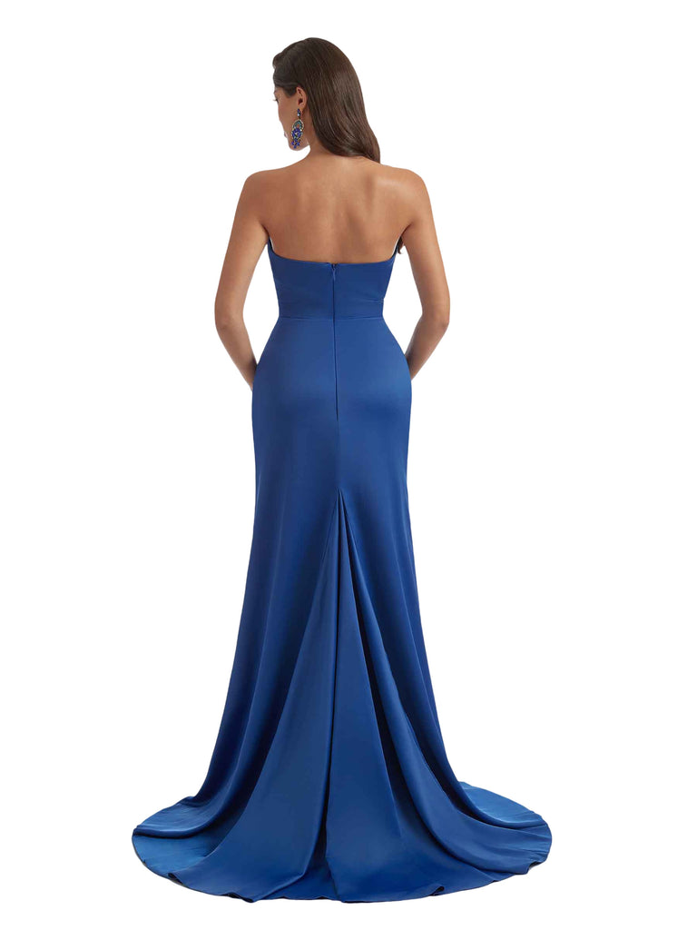 Sexy Mermaid Strapless Simple Silky Satin Long Bridesmaid Dresses Side Slit