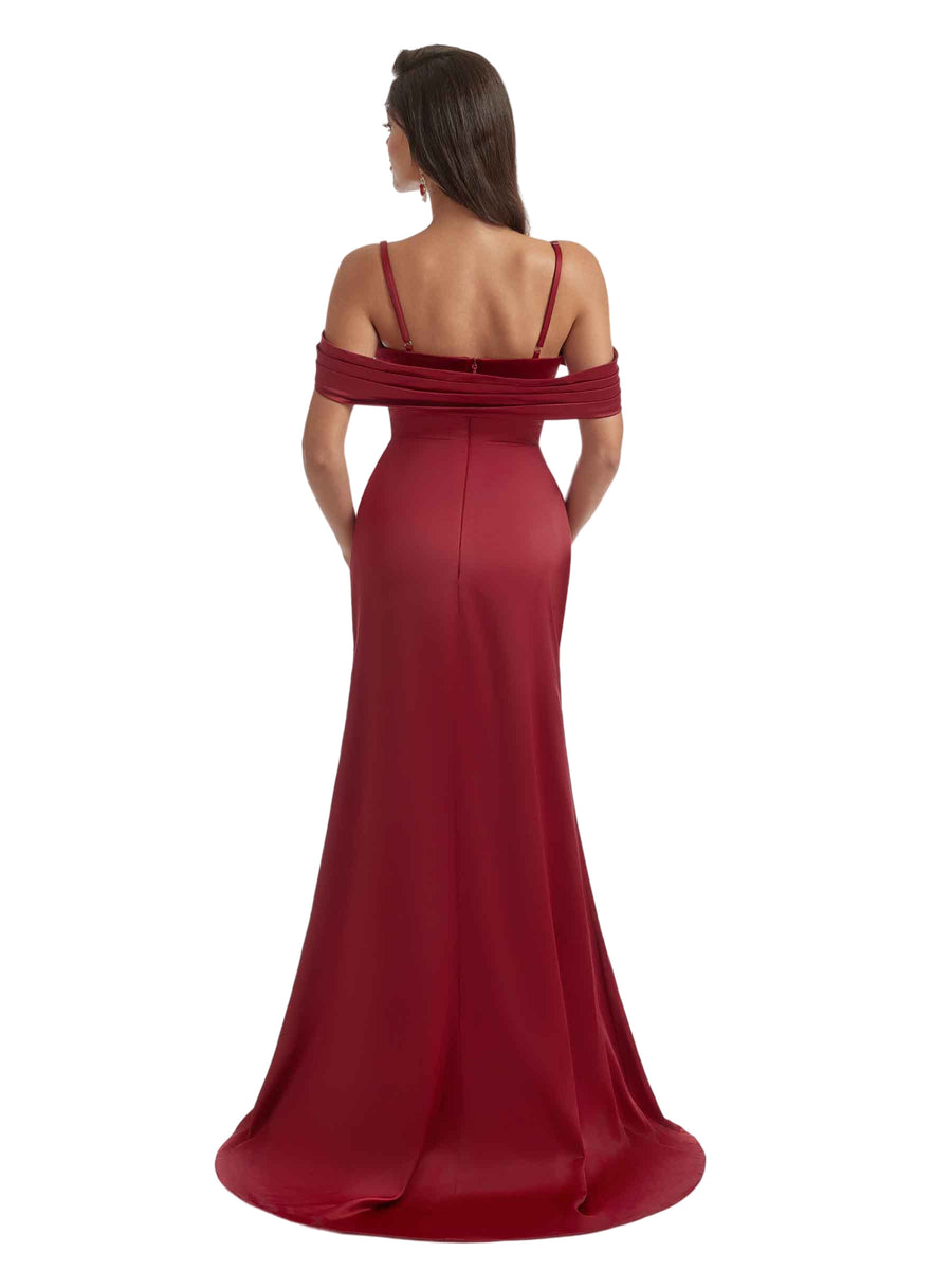 Gorgeous Cold Shoulder Mermaid Pleated Silky Satin Side Slit Long Bridesmaid Dresses