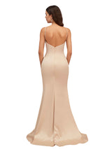 Elegant Spaghetti Straps V-Neck Side Slit Mermaid Stretch Satin Long Bridesmaid Dresses