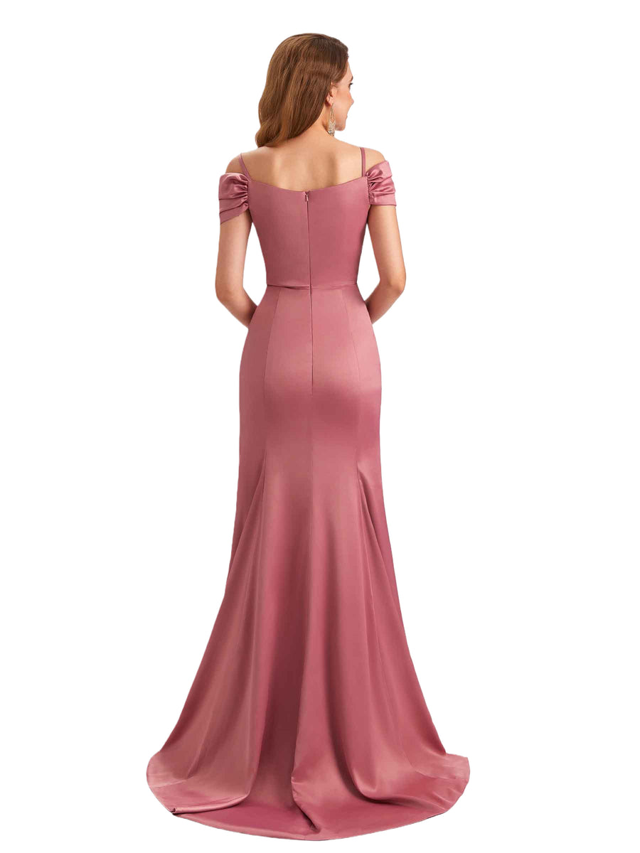 Sexy Soft Satin Cold Shoulder Mermaid Side Slit Unique Long Bridesmaid Dresses