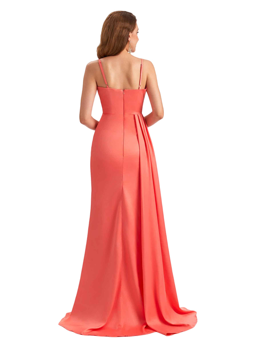 Elegant Silky Satin V-Neck Spaghetti Straps Mermaid Side Slit Ruched Long Bridesmaid Dresses Online