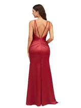 Sexy V-Neck Spaghetti Straps Side Slit Open Back Mermaid Soft Satin Long Bridesmaid Dresses