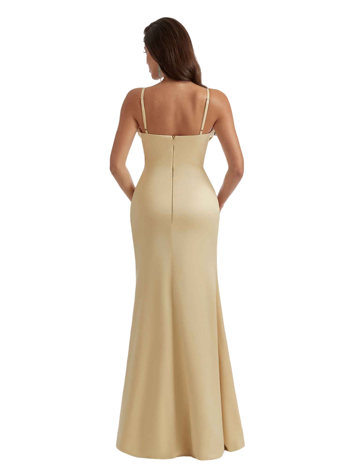 Elegant Mermaid Ruched Silky Satin Long Bridesmaid Dresses Slit Spaghetti Straps