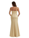 Elegant Mermaid Ruched Silky Satin Long Bridesmaid Dresses Slit Spaghetti Straps