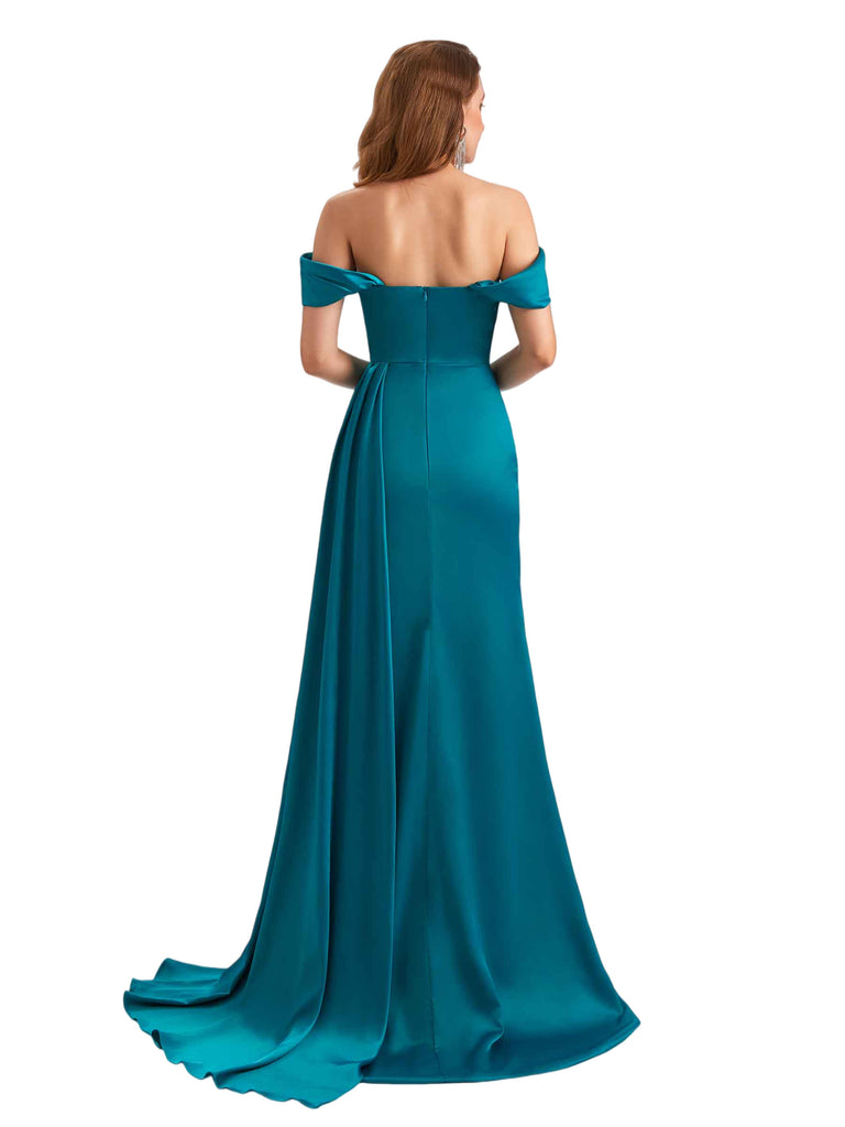 Sexy Silky Satin Off The Shoulder V-Neck Mermaid Long Bridesmaid Dresses Side Slit