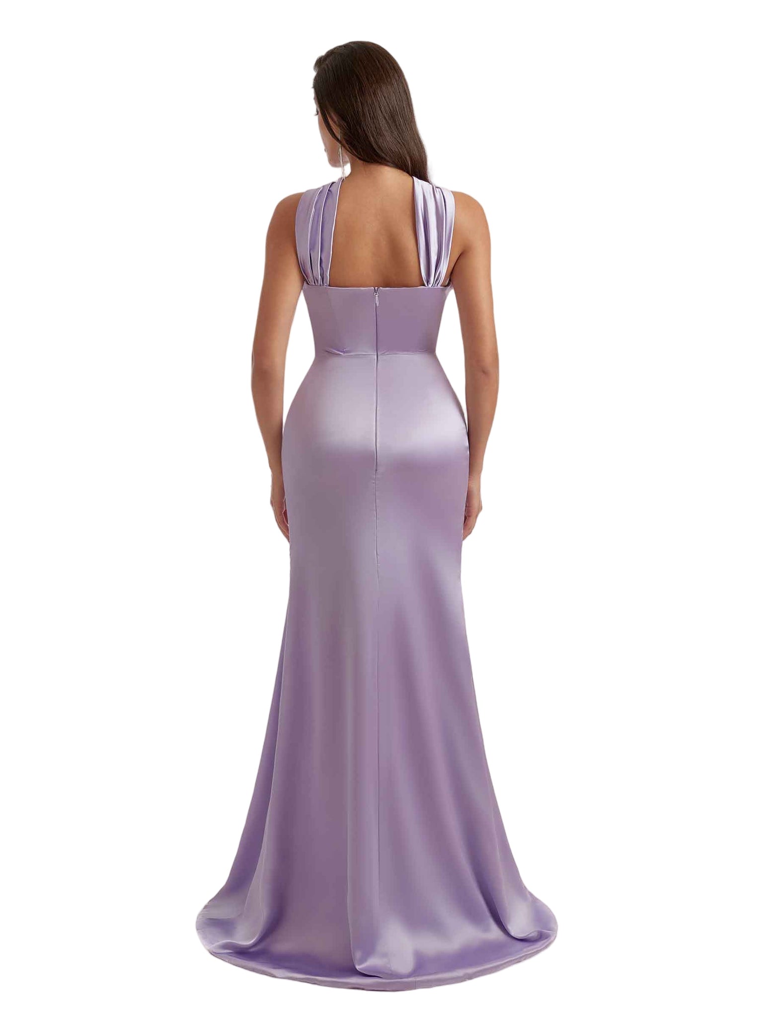 Sexy Halter Mermaid Ruched Satin Floor Length Bridesmaid Dresses Side Slit