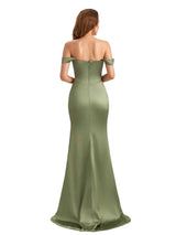 Sexy Off The Shoulder Silky Satin Mermaid Side Slit Long Bridesmaid Dresses Online