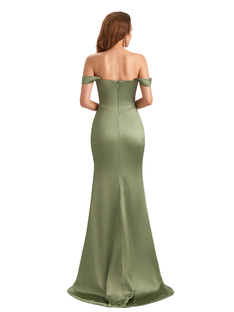 Sexy Off The Shoulder Silky Satin Mermaid Side Slit Long Bridesmaid Dresses Online