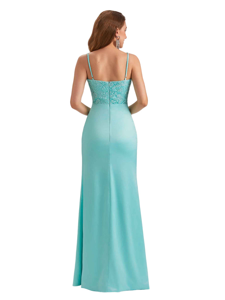 Sexy Mermaid Lace Silky Satin Spaghetti Straps Unique Long Bridesmaid Dresses Side Slit