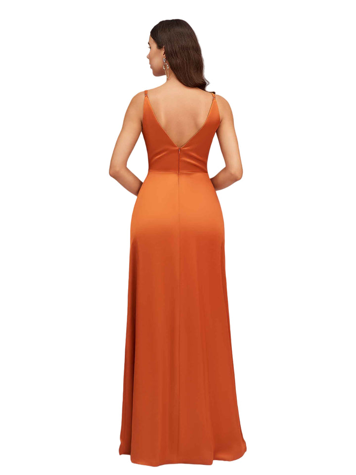 Elegant Spaghetti Straps V-Neck A-Line Soft Satin Simple Floor Length Bridesmaid Dresses