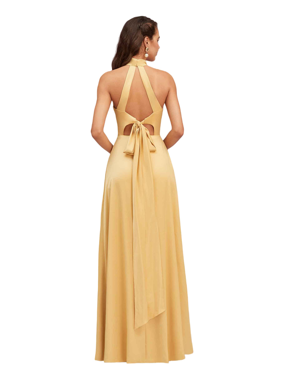Elegant High Neck Side Slit Soft Satin A-Line Unique Long Bridesmaid Dresses
