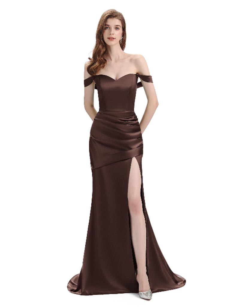 Sexy Soft Satin Side Slit Off Shoulder Floor-Length Mermaid Bridesmaid Dresses In Stock
