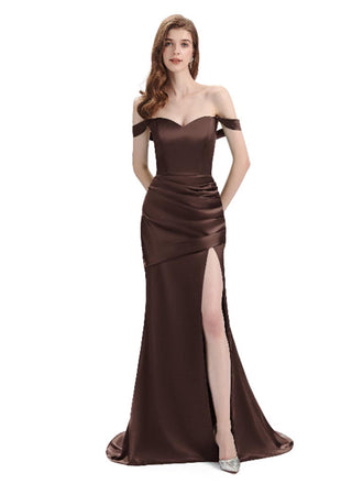 Sexy Soft Satin Side Slit Off Shoulder Floor-Length Mermaid Bridesmaid Dresses In Stock