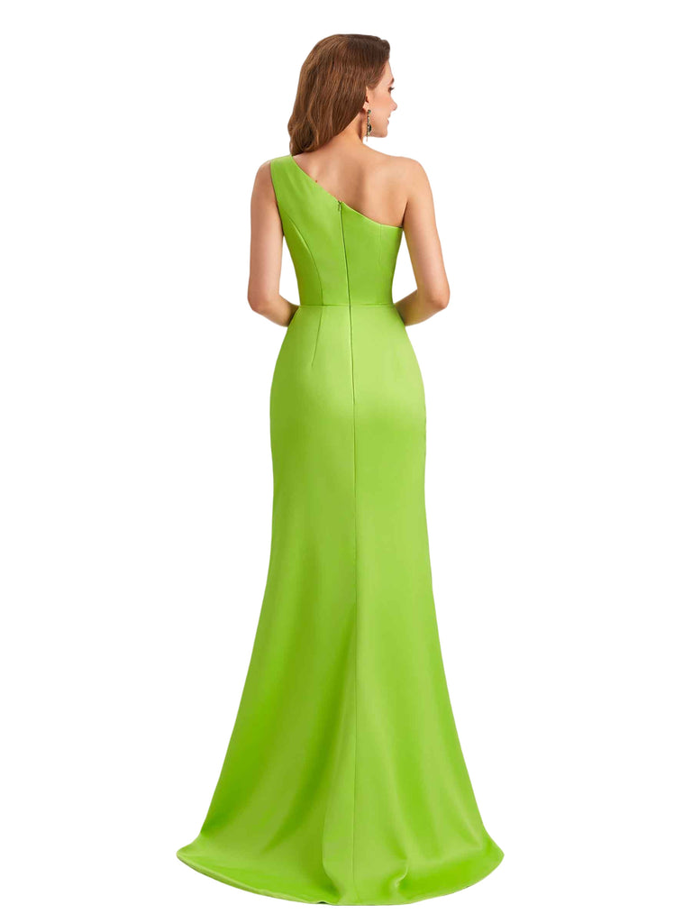 Sexy Silky Satin One Shoulder Mermaid Side Slit Unique Long Bridesmaid Dresses Online