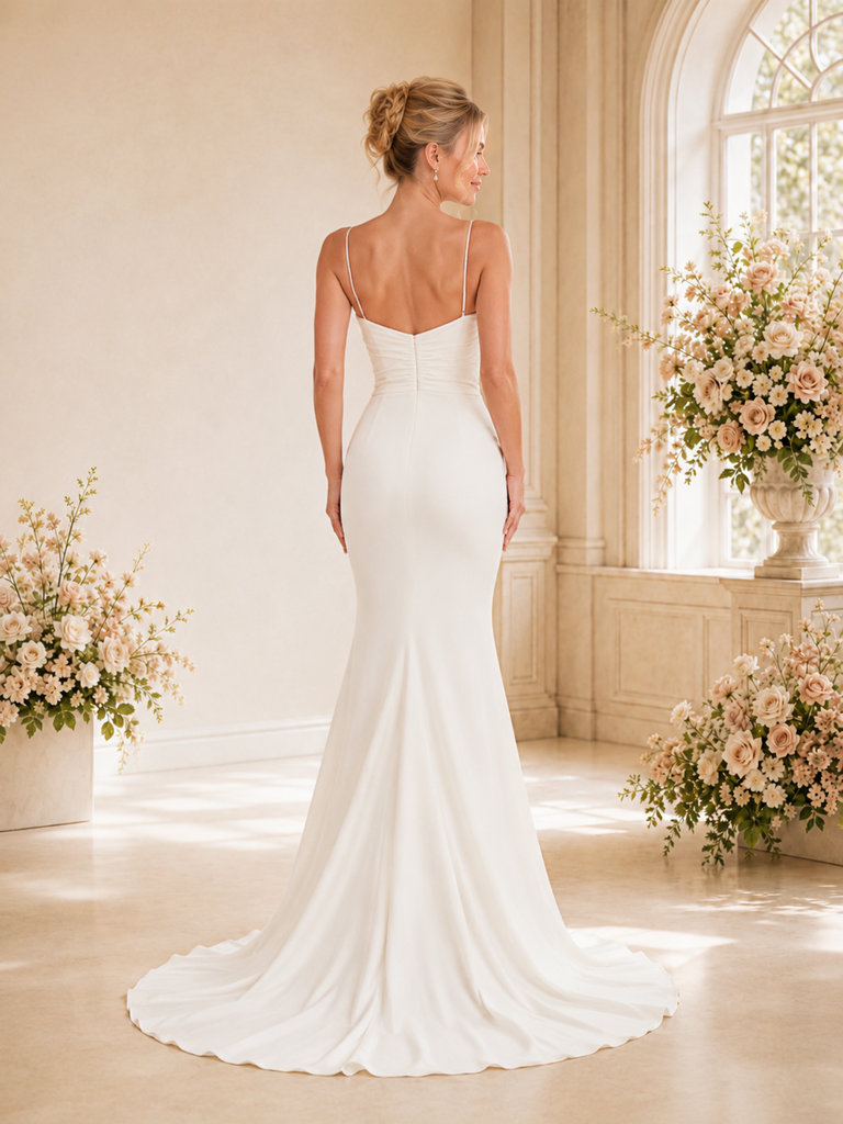 ChicSew Classy Spaghetti Straps Satin Ruched Mermaid Floor-Length Wedding Dress