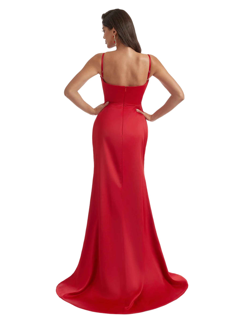 Modern Spaghetti Straps Side Split Mermaid Silky Satin Long Bridesmaid Dresses Online