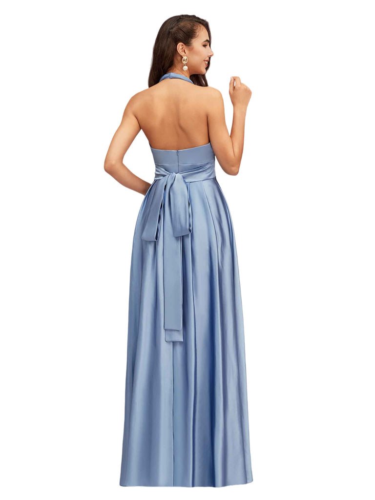 Elegant Halter Soft Satin A-Line Long Bridesmaid Dresses Online