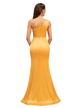 Sexy Mermaid One Shoulder Side Slit Beauty Long Soft Satin Bridesmaid Dresses Online