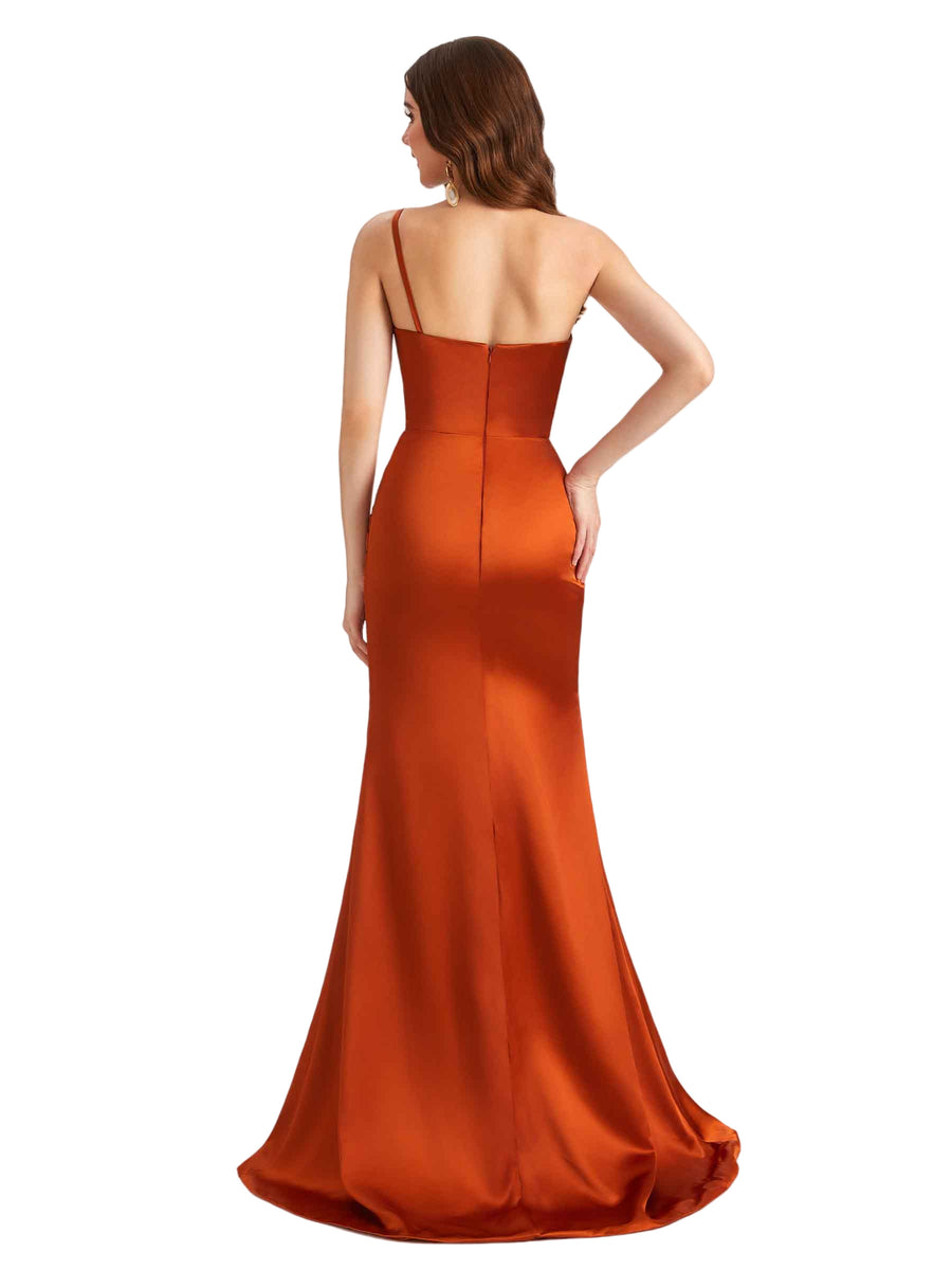Sexy Stretch Satin One Shoulder Boning Side Split Mermaid Long Bridesmaid Dresses