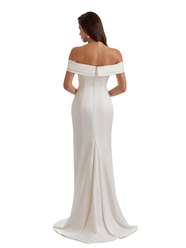 Sexy V-neck Mermaid Off the Shoulder Ruched Silky Satin Long Bridesmaid Dresses Slit