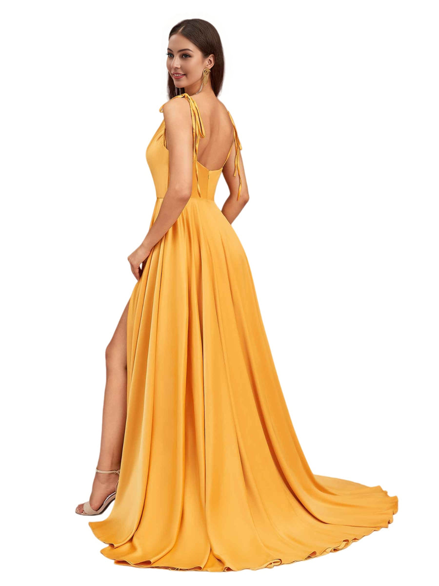 Sexy Side Slit Spaghetti Straps A-Line Soft Satin Pretty Long Bridesmaid Dresses