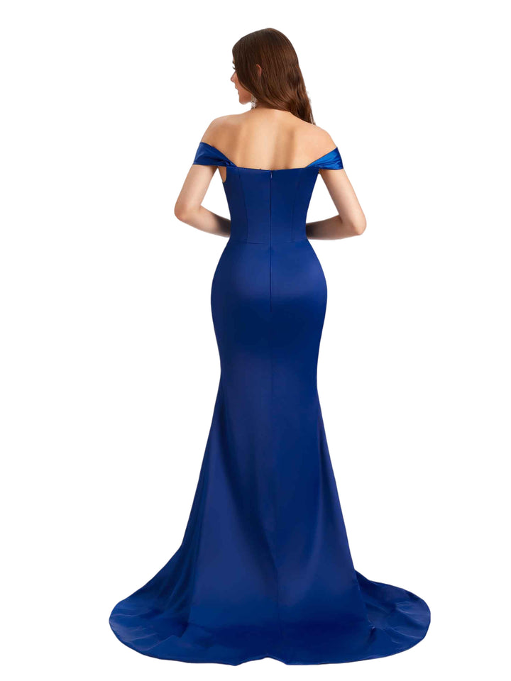Elegant Off The Shoulder Silky Satin Unique Side Split Mermaid Long Bridesmaid Dresses Online